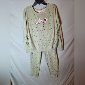 Women LC Cozy Long Sleeve Pajama Top & Pajama Pant Set Green "Joy " Trees Sz Lg